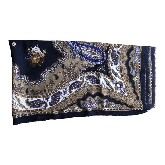 Vintage 1950’s - 1960’s Navy Taupe Ivory Paisley Floral Print Scarf Preowned - Picture 7 of 15